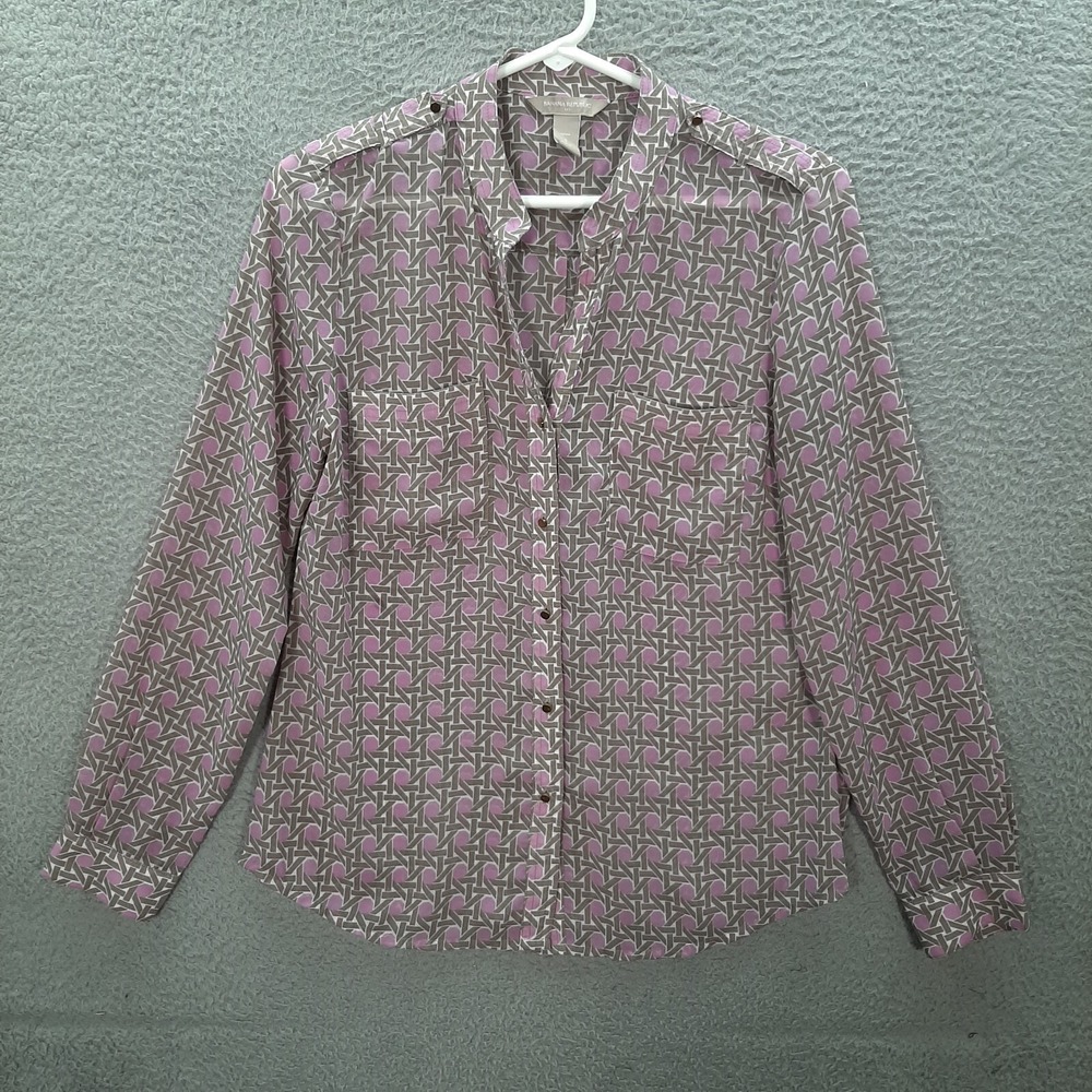 Banana Republic Shirt Womens Small Purple Gray White Geometric‎ Sheer Top Preppy